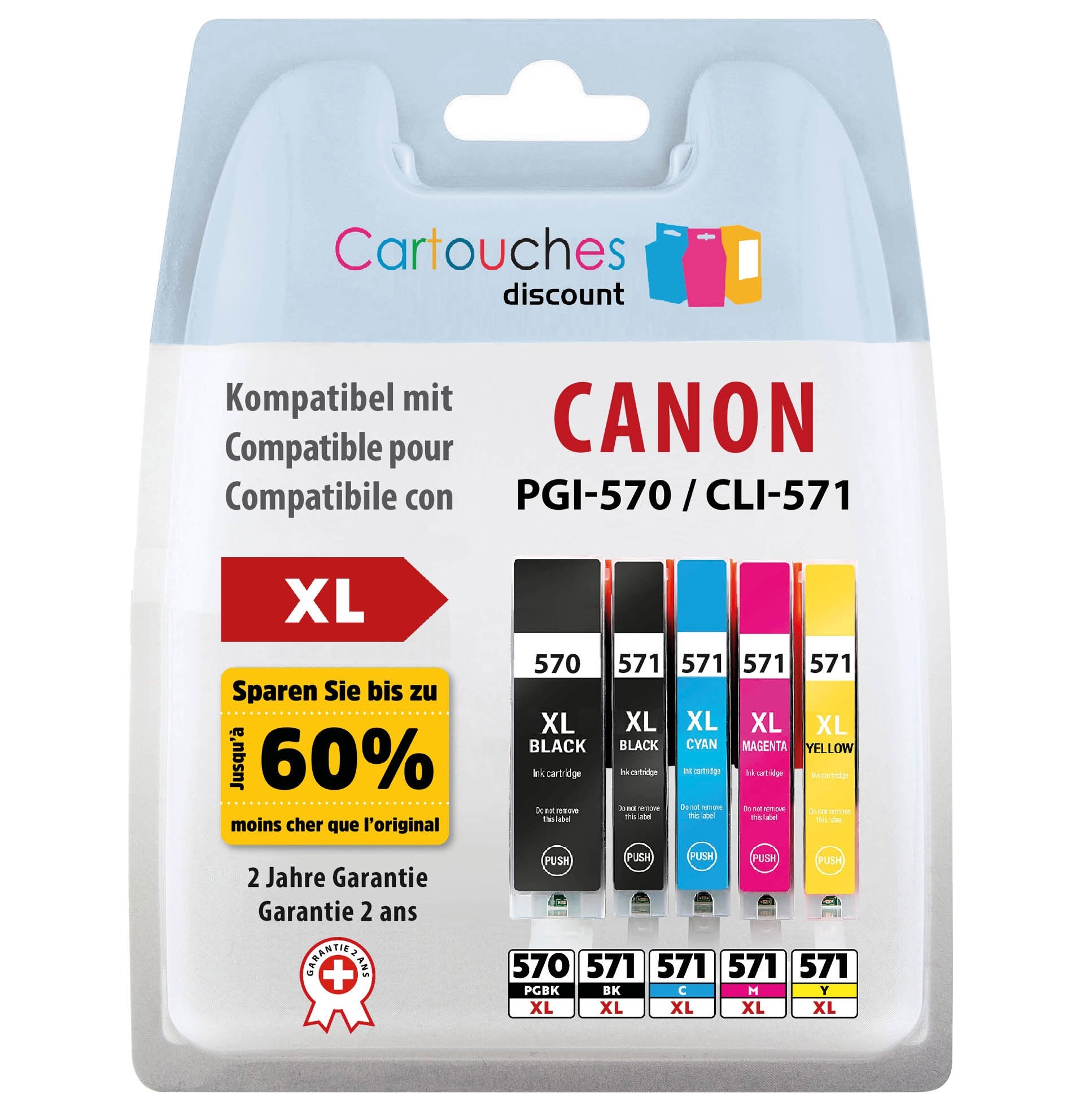 Cartouches d'encre - Pack 5 Cartouches compatibles Canon PGI-570/571 XL -  Consommables HP CANON BROTHER